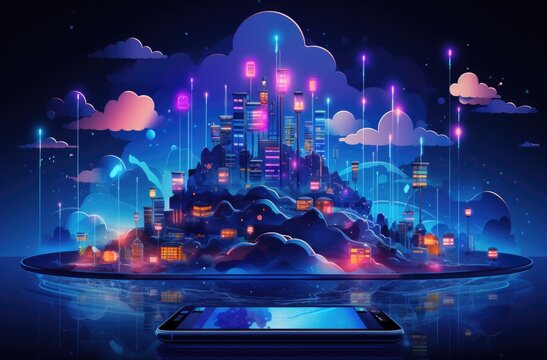 Smartphone with city and clouds on it. Generative AI image.