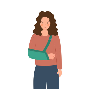 Woman with broken arm in flat design on white background. Arm sling concept.