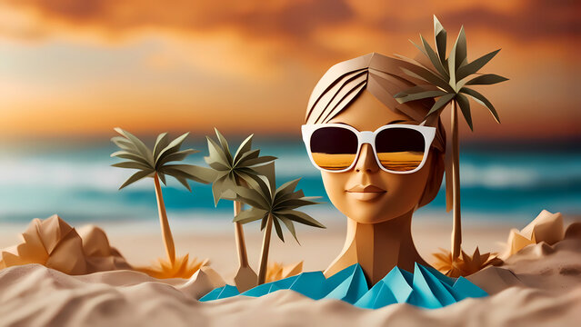 Origami Style. Eine junge, braungebrannte Frau genießt das Leben am Strand. ki generiert