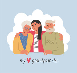 An adult granddaughter hugs her grandfather and grandmother. My beloved grandparents, lettering. Hand drawn vector flat linear illustration. National Grandparents Day