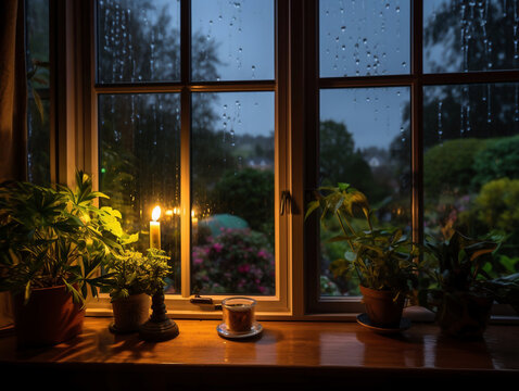 Fotografía de una ventana durante la lluvia, contrastando el cálido resplandor interior con la frescura del exterior.