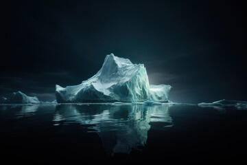 Massive Antarctic iceberg floating in calm cold water on  night sky background