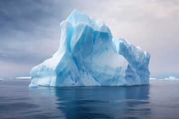 Antarctic iceberg floating in calm cold water on colorful sky background during sunrise
