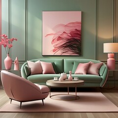 Elegantly designed living space with a harmonious blend of pink and green hues.