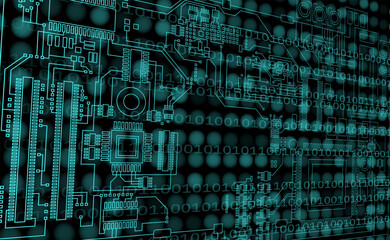 Futuristic microchip processor with lights on the blue background. Quantum computer, large data processing, database concept. CPU isometric banner. Central Computer Processors CPU concept.Digital chip