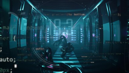 server room animation with quantum computer ai control in middle. Steel chain dropped on floor in path to supercomputer - Powered by Adobe