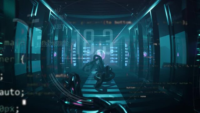 server room animation with quantum computer ai control in middle. Steel chain dropped on floor in path to supercomputer