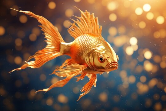 Golden fish underwater, dark background.