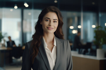 Fototapeta premium Brunette woman smiling in a suit in the office, businesswoman. AI generative