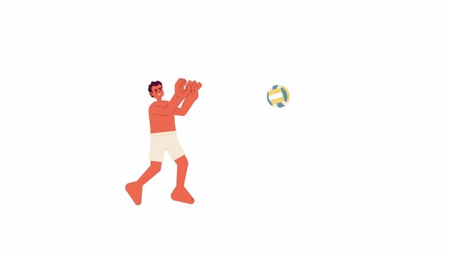 Hispanic man throwing ball 2D character animation. Summer sport flat cartoon 4K video, transparent alpha channel. Swimwear guy playing in volleyball on beach animated person on white background
