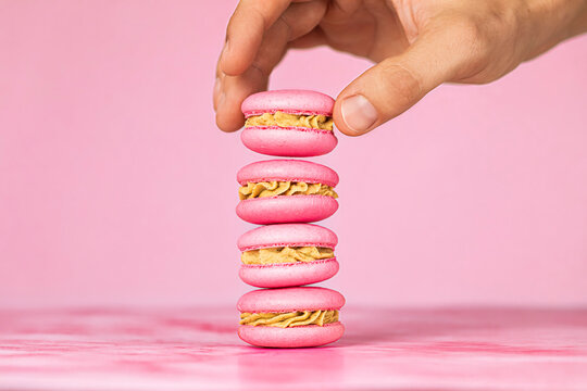 A hand reaching for delicious pink cookies - french macarons with cream