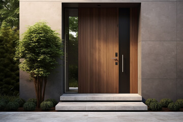 Modern and contemporary model house entrance and door is a design concept suitable for real estate and family. - obrazy, fototapety, plakaty