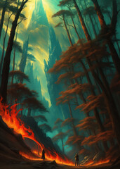 Dark forest cartoon illustration, vector, fires the dark forest. Fantasy forest illustration. Scary forest 