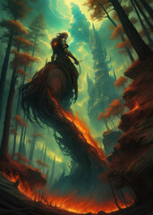 Fototapeta premium Dark forest cartoon illustration, vector, fires the dark forest. Fantasy forest illustration. Scary forest 
