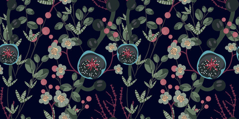 Floral seamless pattern with various branches of flowers, leaves, berries on a dark background. Vector graphic design in a simple hand-drawn style. Perfect for fabrics, prints, wallpapers, clothing... - 634658029