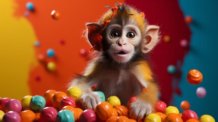 Photo of a playful monkey enjoying a ball pit adventure created with Generative AI technology