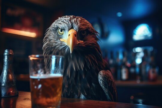 Drinking eagle with a glass of beer.