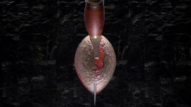 Two daggers penetrating directly through a heart made of stone.