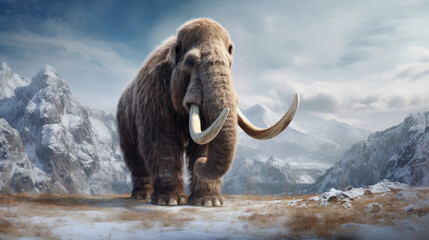 Obraz premium A furry old mammoth in snow with mountain landscape in the background. elephant mammoth. Generative ai