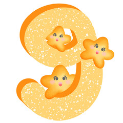 Yellow number 9 with yellow smile stars isolated on transparent background 