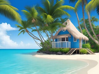 beach with trees, Tropical island with hut and palms surrounded sea blue water