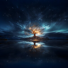 The tree stands at night. The background is stars.