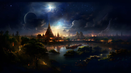 Concept Image of Thai temples at dusk and with rivers and boats