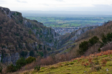 View from Cheddar Gorge, Somerset, across Cheddar village, the Somerset Levels and the Bristol...