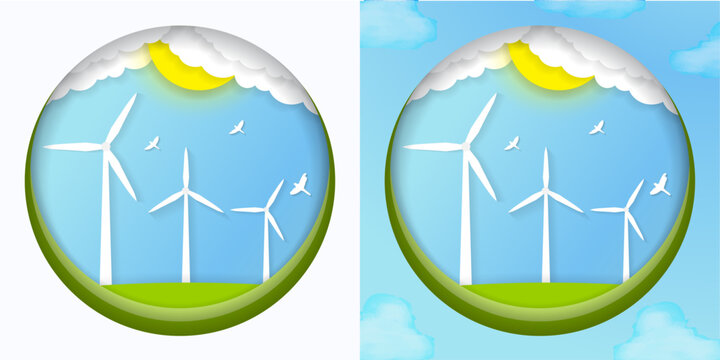Windmill and Blue Skies with birds in Paper Art Craft Style on white background and blue sky with watercolor clouds background. Wind Energy turbines on green hill. Scalable Vector Illustration.
