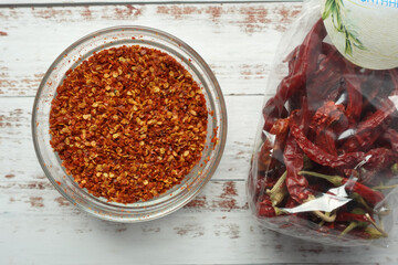 chili flakes in a bowl on table 