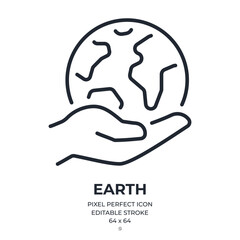 Hand holding planet Earth editable stroke outline icon isolated on white background flat vector illustration. Pixel perfect. 64 x 64.