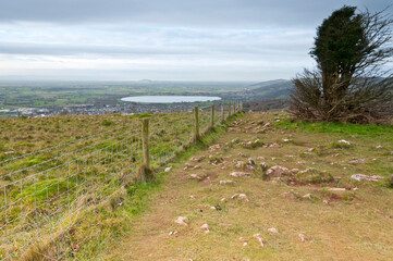 View from Cheddar Gorge, Somerset, to Cheddar Reservoir, Brent Knoll and the Bristol Channel