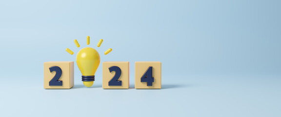 Light bulb and 2024 new year on blue background. Creative idea concept of idea and inspire innovation 2024. Business solution and planning. lightbulb smart goals or motivation. 3d render illustration