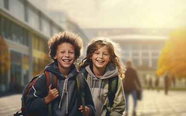 Portrait of 2 smiling boys with backpacks standing in cecrle at school yard