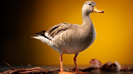 Photo of a white duck perched on a pile of debris in an urban setting created with Generative AI technology