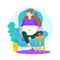 Woman Sitting In Armchair  With Headphones Laptop Pillows Plant Cup Of Coffee Working Freelancer Business Illustration For Web Sites Presentations Applications Vector Design