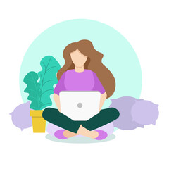 Fototapeta na wymiar Woman Sitting On Floor Carpet With Laptop Pillows Plant Working Freelancer Business Illustration For Web Sites Presentations Applications Vector Design