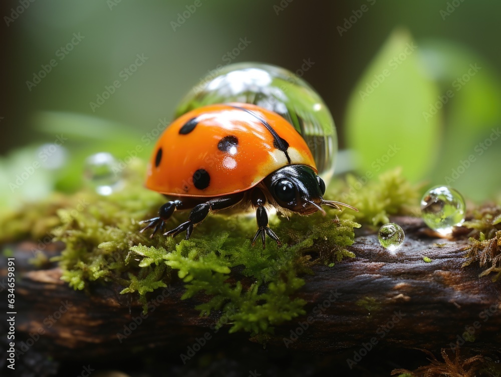 Poster a ladybug is sitting on a moss covered branch. generative ai image.