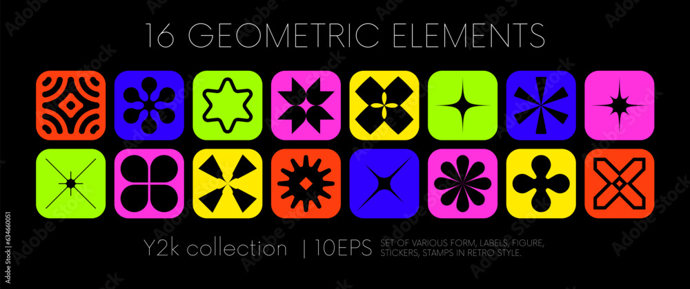 Poster Colorful vector set of brutalist abstract shapes with minimalist geometric forms, Collection of various labels, logos, icons, stickers inspired brutalism bold aesthetics