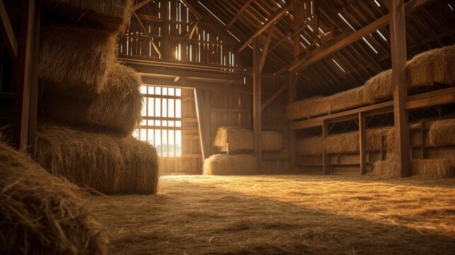 Hayloft interior with hay-bales and sun rays.