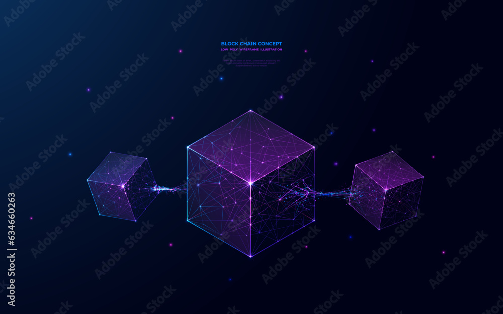 Aufkleber Abstract blockchain technology concept on futuristic low poly wireframe style. Digital Linked blocks contain cryptography hash and transaction data on dark space background with a glowing starry sky.