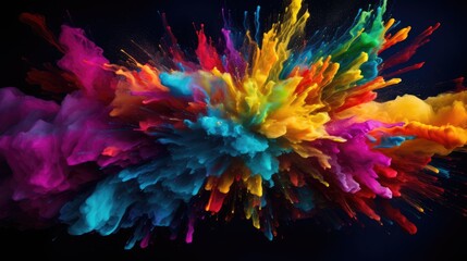 A burst of bright multi-colored paints on a dark background