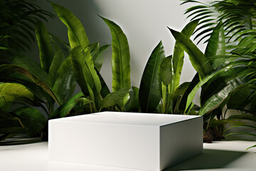 Minimalist Showcase Empty Product Stand Adorned with Tropical Plants for a Fresh Display. created with Generative AI