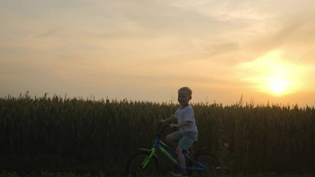 A happy 5-year-old boy drives very fast across the field in the evening during sunset. The boy brags about how he can ride a bike. Happy childhood of a little boy. High quality 4k footage