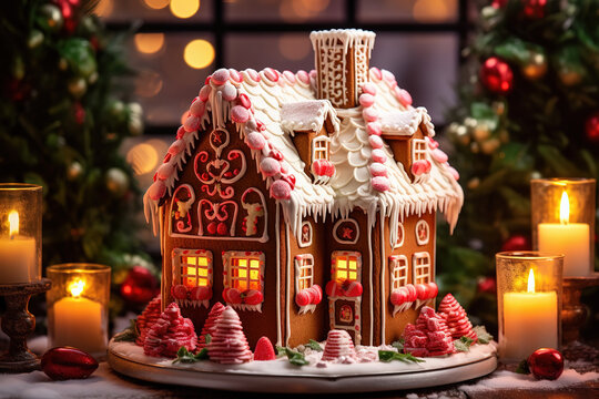 Christmas gingerbread house on the background of the Christmas tree