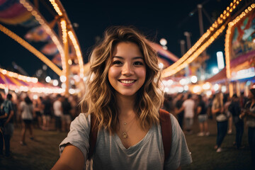 A beautiful smiling girl in an amusement park, at a carnival.