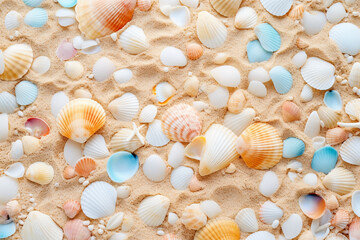 Pastel-colored seashells scattered on a sandy beach, creating a calming and coastal love background Generative AI