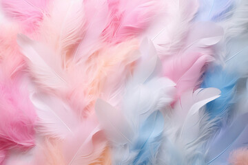 Fototapeta na wymiar Delicate pastel feathers forming an artistic arrangement, creating a light and airy love background Generative AI