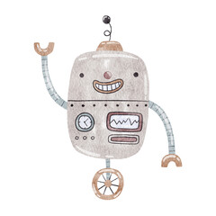 Cute happy cartoon laughing robot. Watercolor illustration.