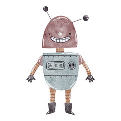 Funny cartoon robot. Watercolor illustration.